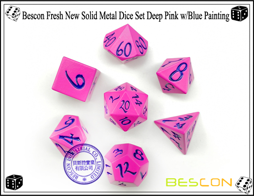 Bescon Fresh New Solid Metal Dice Set Deep Pink with Blue Painting-4