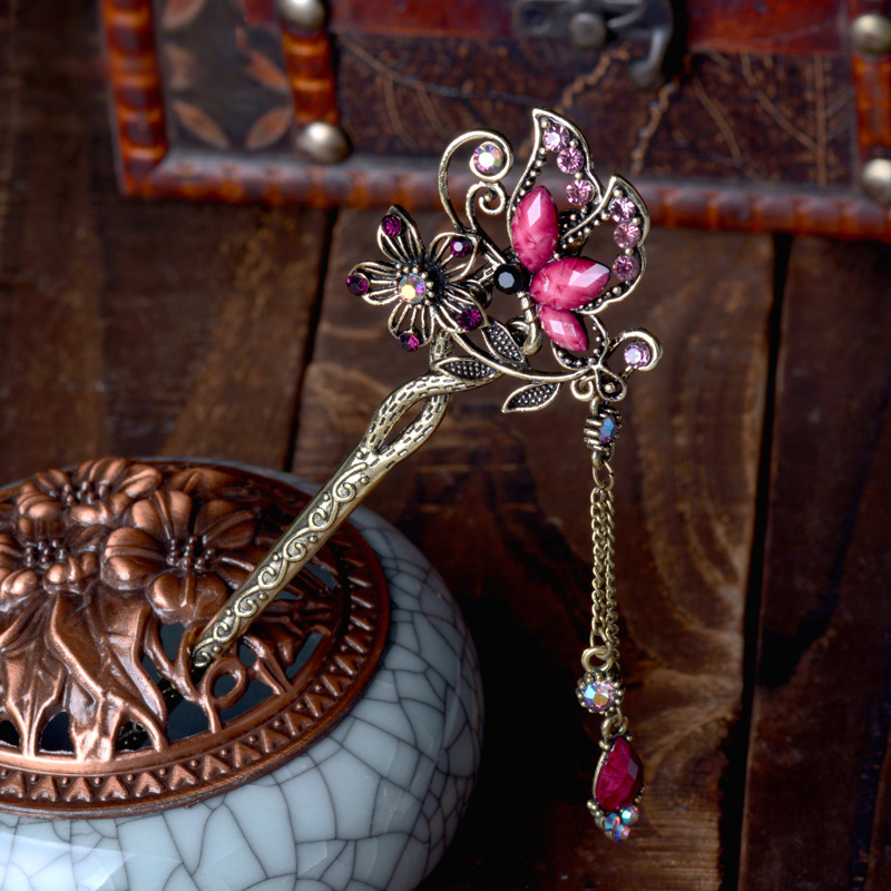 Vintage Rhinestone Butterfly Hair Stick Jewelry Vintage Wedding Hair Accessories Charm Metal Hairpins