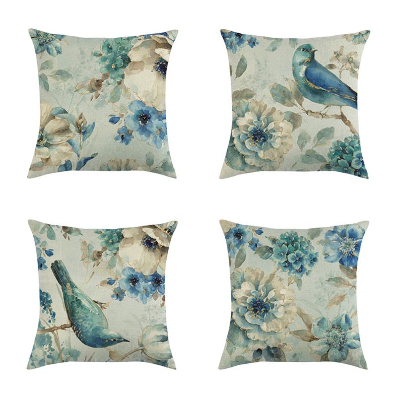 4pcs Oil Painting Throw Pillow Covers Blue Flowers&Birds Decorative Square Outdoor Cushion Cover Pillow Case for Car 45*45cm