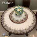 High quality Lace satin round Embroidered beige table cover cloth towel Christmas wedding dining tablecloth placemat decor