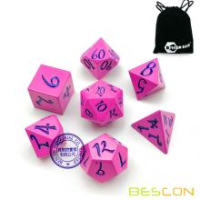 Bescon New Style Solid Metal Dice Set Deep Pink w/Black Numbers, Metallic RPG Miniature Polyhedral dice set