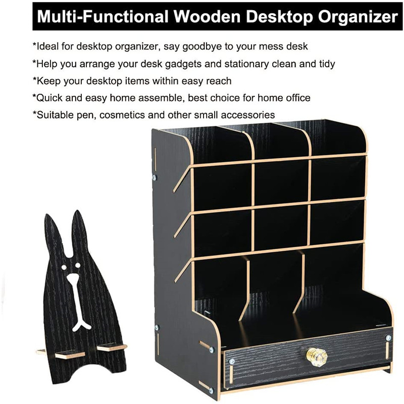 Wooden Desk Organizer Multi-Functional DIY Pen Holder Box Desktop Stationary Home Office Supply Storage Rack