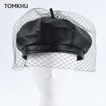 Quality Leather Beret with Net Yarn Women Black Pu Leather Flat Cap Hat Female Beret Painter Cap Lady Boina Octagonal Hat Winter