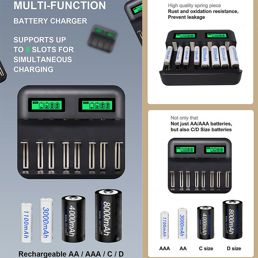 8-Slot Battery Charger USB Powered AA/AAA/C/D Rechargeable Battery Charger with LCD Display