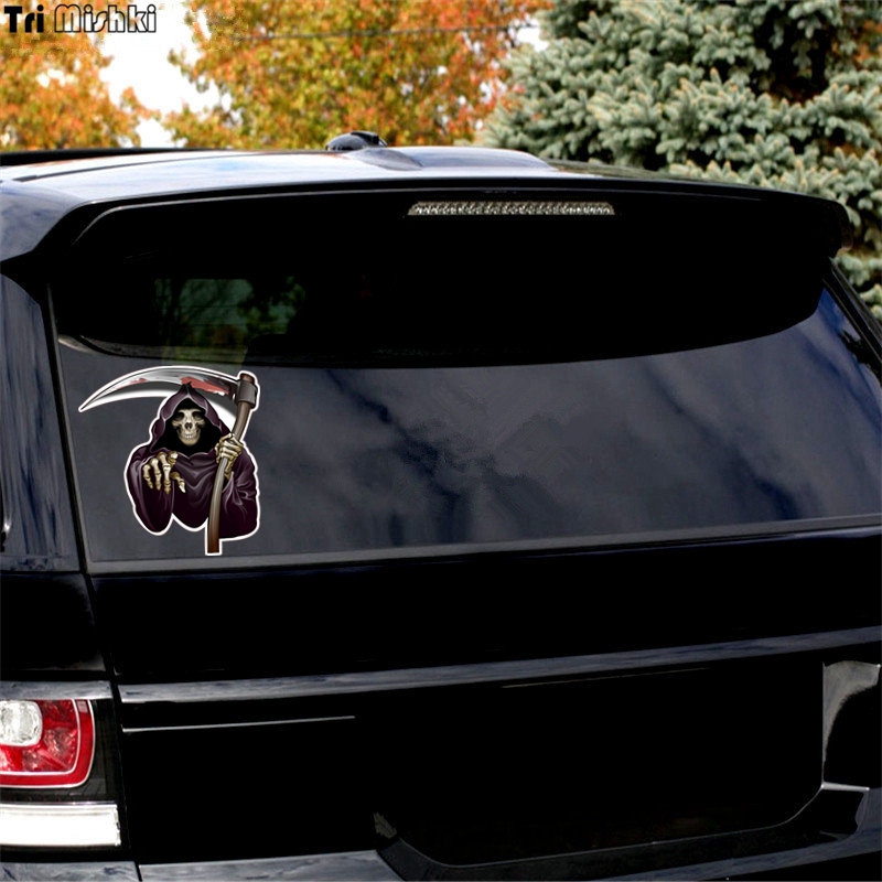 Tri Mishki WCS080 14.5*14cm Pickaxe axe death skull car sticker funny colorful auto automotive decals stickers