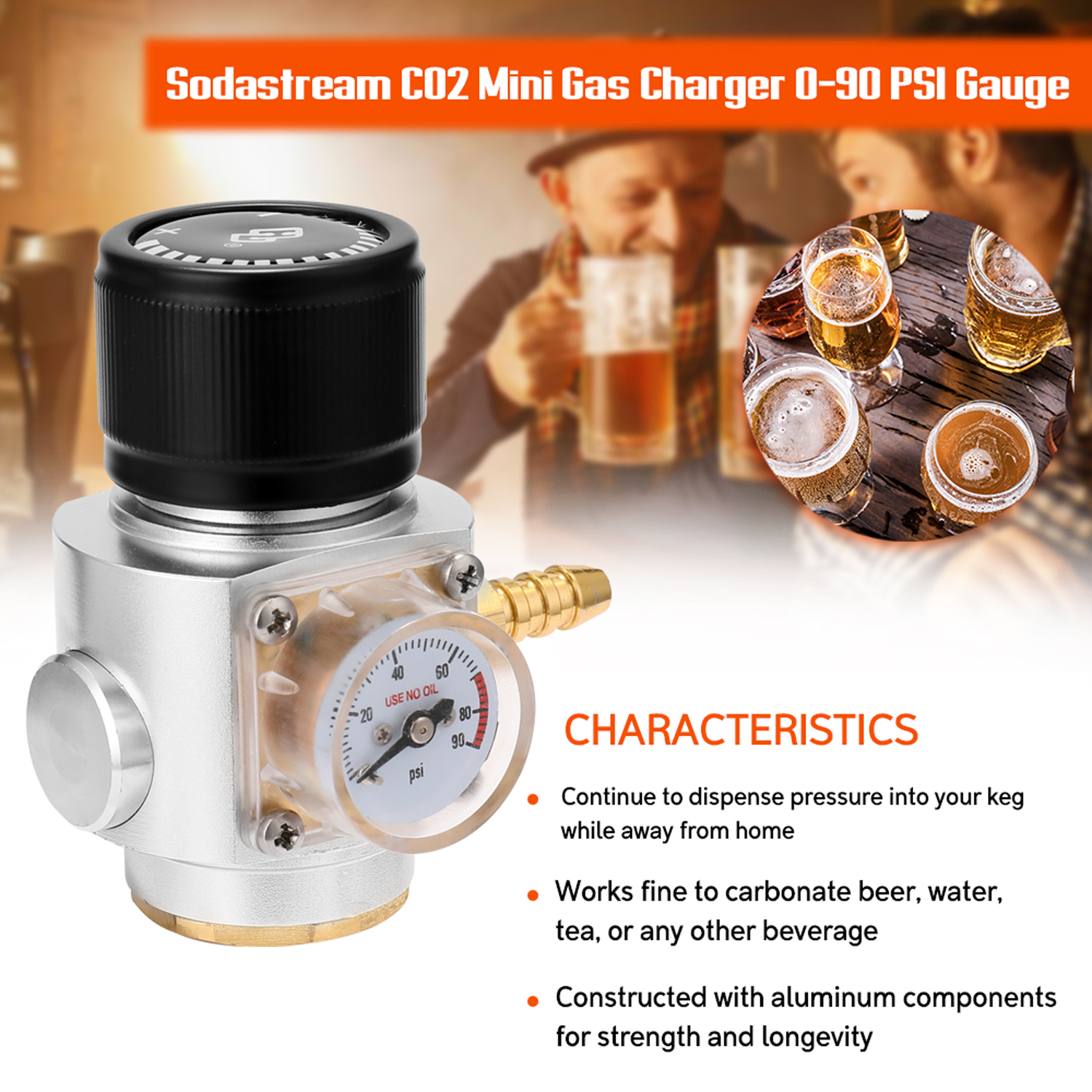 Sodastream CO2 Mini Gas Charger 0-90 PSI Gauge Gas Regulator with 1meter 5/16" Hose for Soda Water Beer Kegerator