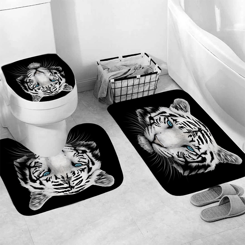 3D Print Animal Tiger Head Shower Curtains Bath Screens Waterproof Toilet Polyester Cover Mat Set Anti-Slip Bathroom Rugs Kits