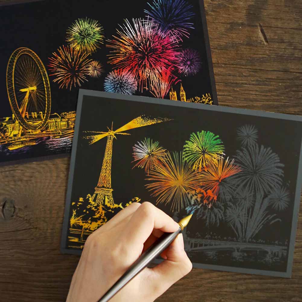 Magic Engraving Art Colorful Night View Set Scratch Craft Drawing Paper Pen Set 4pcs Postcard with 1pc Scraper Fireworks Pattern