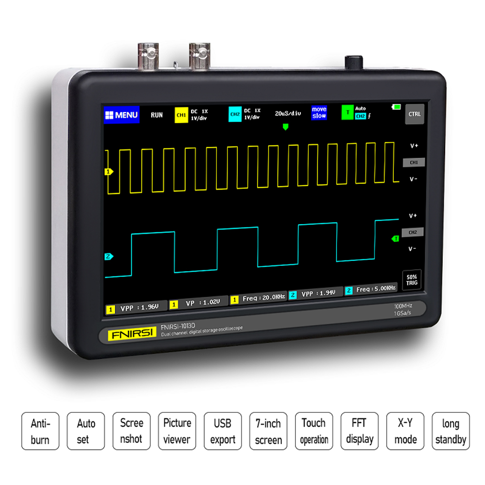 ADS1013D 2 Channels 100MHz Band Width 1GSa/s Sampling Rate Oscilloscope W/ 7 Inch Color TFT LCD Touching ScreenPortable Digital