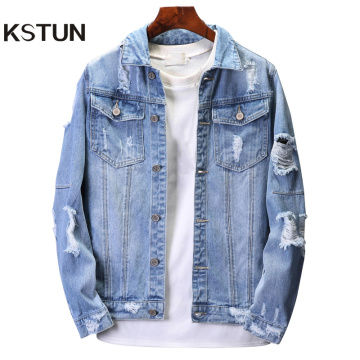 KSTUN Mens Jean Jacket Coats Light Blue Streetwear Loose Fit Ripped Denim Jacket for Man Teens Single-breasted Large Size 4XL