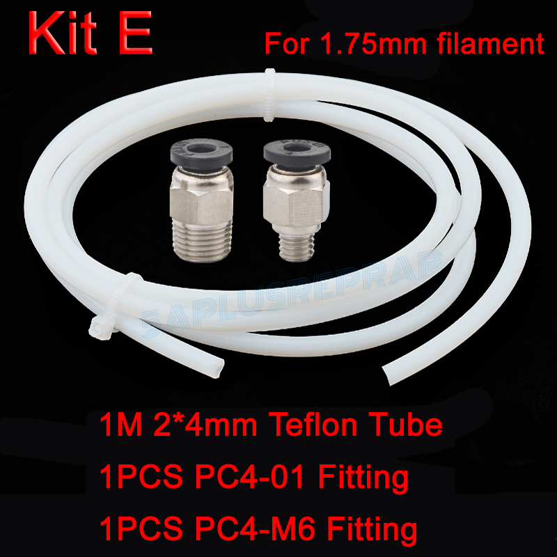 1M PTFE Tube PTFE ID 2mm 4mm OD 4mm 6mm + 2 Remote Connectors J-head hotend Rostock Bowden Extruder for 1.75mm 3mm filament