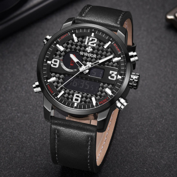 WWOOR Sports Multifunction Watches Mens Waterproof Analog Digital Clock Man Military Chronograph Leather Watches Clearance Price
