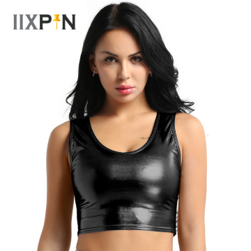 IIXPIN Sexy Womens Shiny Crop Top pole dance Clubwear Metallic Scoop Neck Tank Vest Bustier Croped Tops Bra pole dance clothing