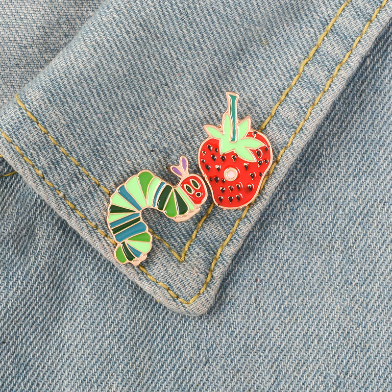 Hungry Caterpillars Story Book Strawberry Catroon pins Fruit brooches Enamel pins Lapel pins jewelry For Friends Kids Gifts