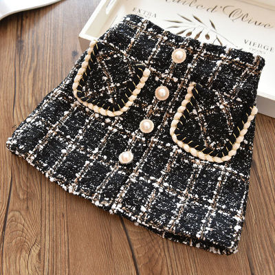 Autumn Winter Girls Skirt Baby Skirt Kids Fashion Skirt Children Bottoms Fashion Check Gunny Pearl Pocket Velvet Warm 4 To 12 Yr