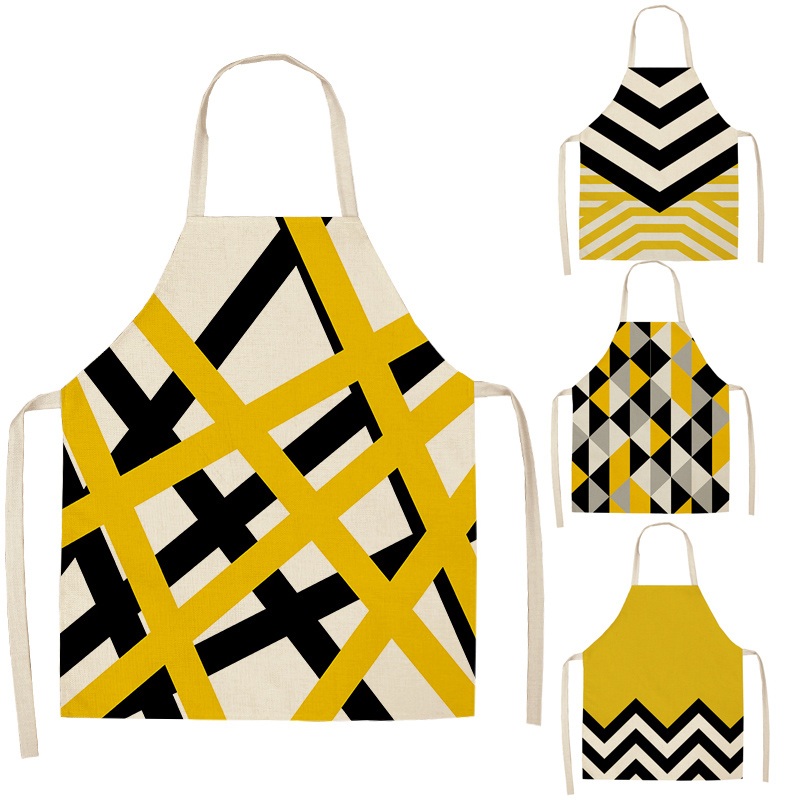 1 Pcs Yellow Geometric Kitchen Aprons for Women Cotton Linen Bibs Household Cleaning Pinafore Home Cooking Apron