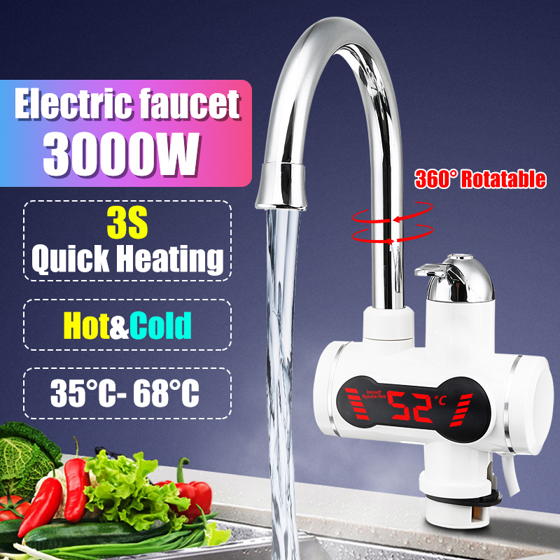 Efficient 3000W Temperature Display Instant Hot Water Tap Tankless Electric Faucet Kitchen Instant Hot Faucet Water Heater