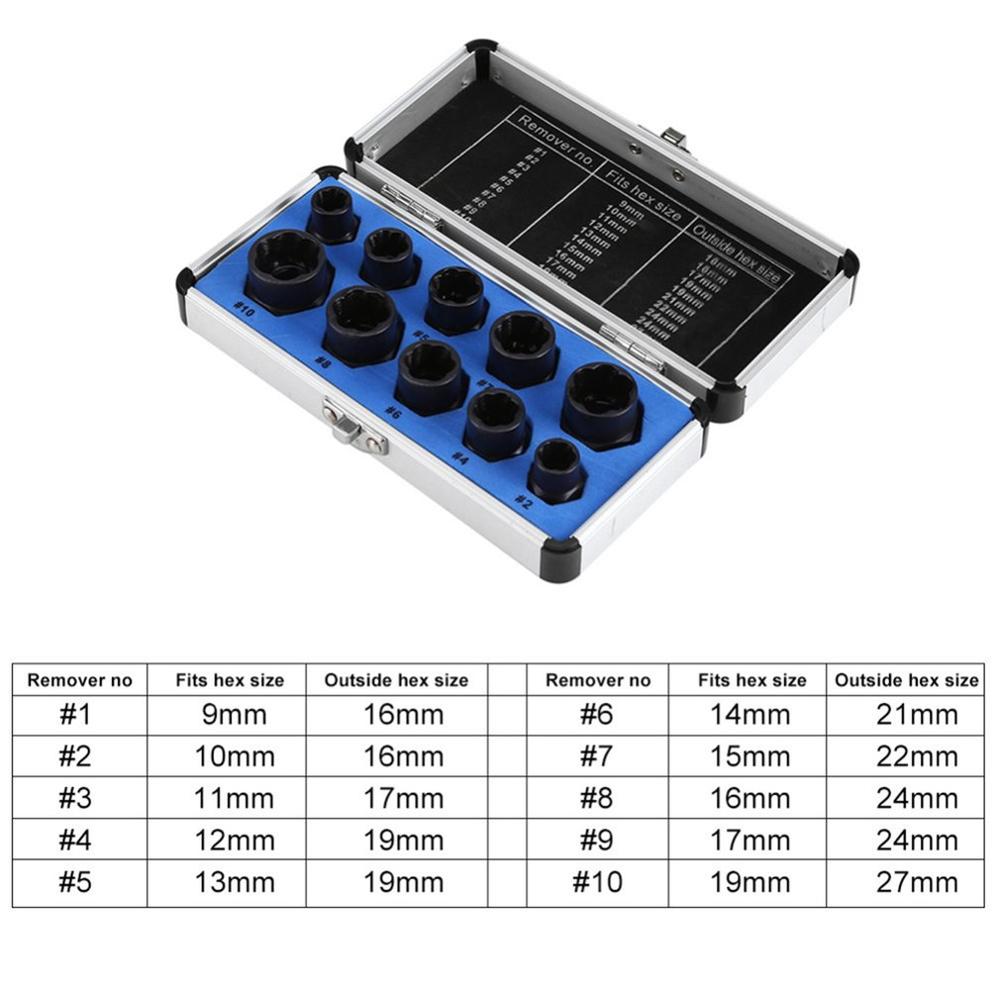 10Pcs/set 9-19MM Damaged Nuts Bolts Stripped Remover Stud Screws Extractor Locking Socket Hand Tools Set