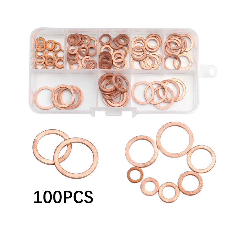 100pcs M4-M14 Professional Assorted Copper Washer Sump Plug Oil Seal Fittings Gasket Set Flat Ring Seal Hardware Accessories Kit