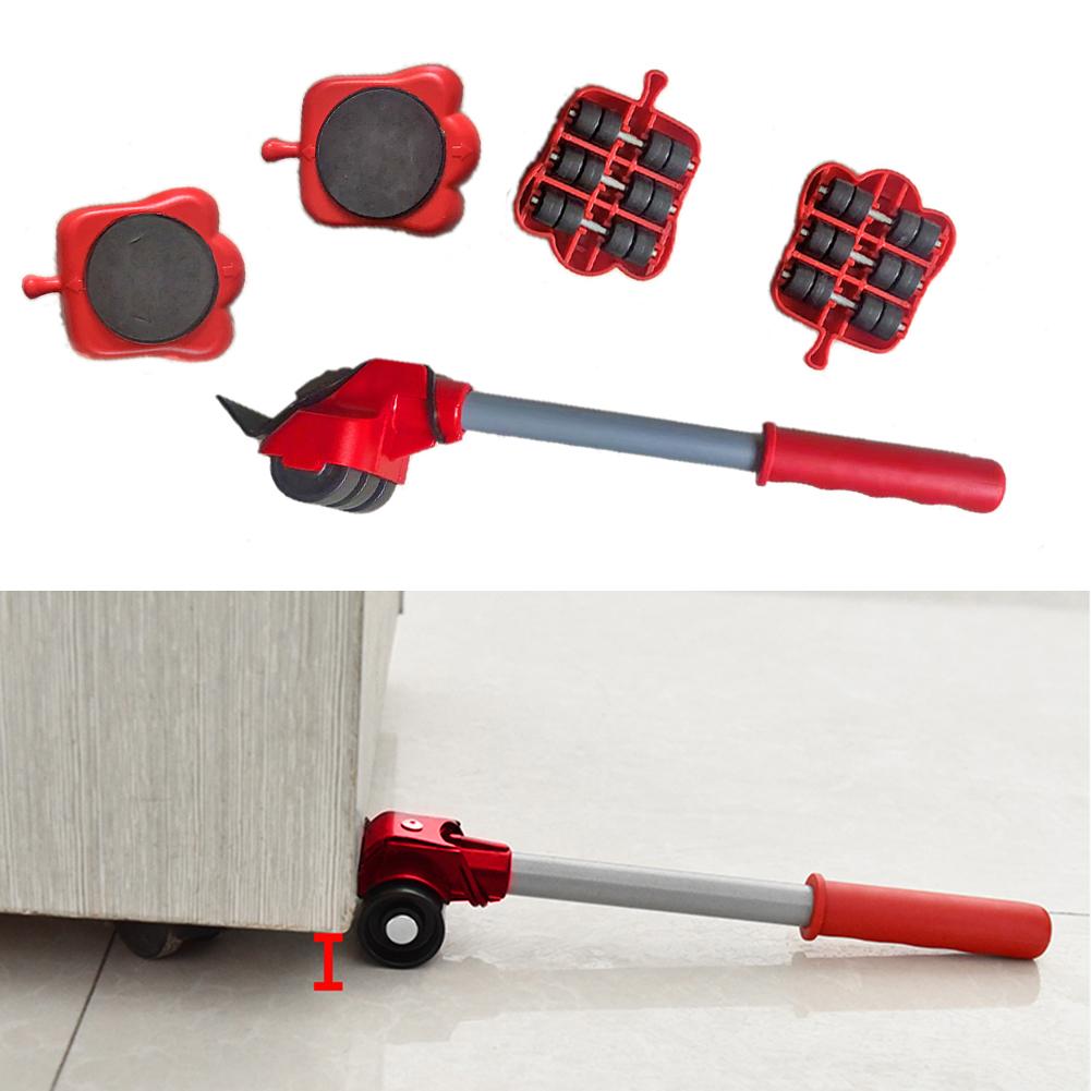 5pcs/Set Furniture Mover Tool Furniture Transport Lifter Heavy Stuffs Moving Tool 4 Wheeled Mover Roller+1 Wheel Bar Hand Tools