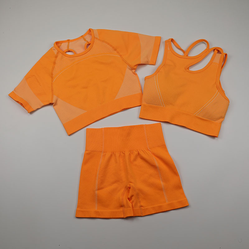 3 Piece Seamless Yoga Sets Women Gym Clothes Short Sleeve Crop Top Sports Bra High Waist Leggings Fitness Clothing Sportswear