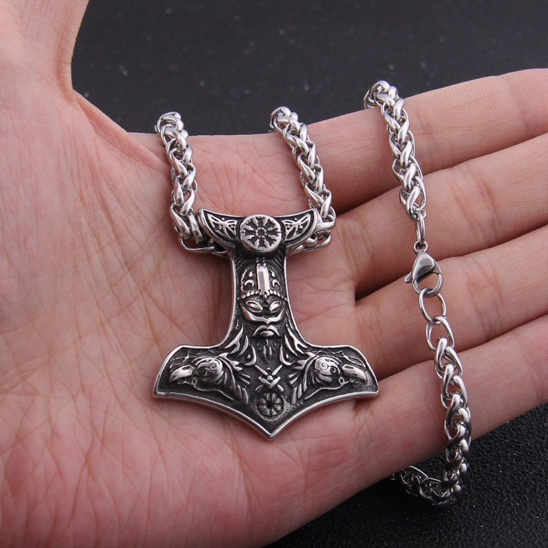 Dropshiping new arrival stainless steel Vikings Raven Mjolnir rune thor hammer pendant necklace men gift