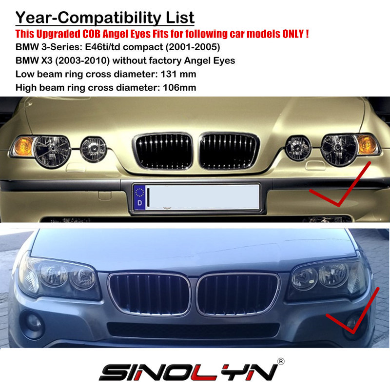 COB LED Angel Eyes Halo Rings Kit For BMW E90 E91 E83 X3 E46 ti/td Compact Non-projector Headlight Cars DIY Retrofit 131mm+106mm