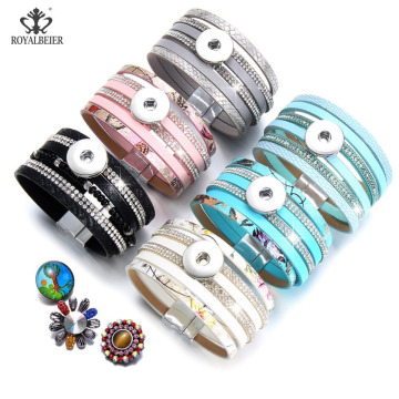 ROYALBEIER Rhinestone Style Multilayer Crystal Wrap Bracelet Magnet Buckle Leather Bangle Pulseiras Bangles for Women SZ0580