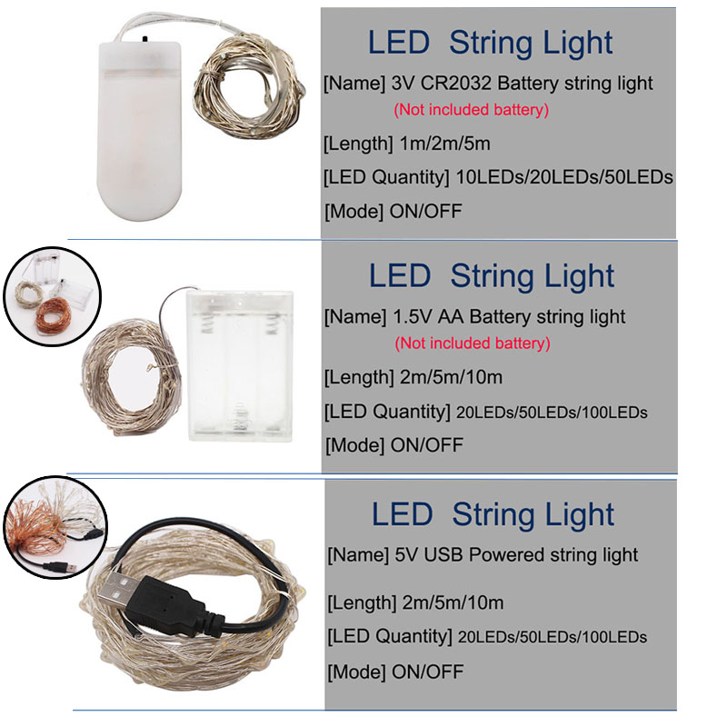 Fairy 2M 5M 10M Battery Operated LED Silver Wire String Lights For Wedding Christmas Garland Festival Party Home Decoration lamp