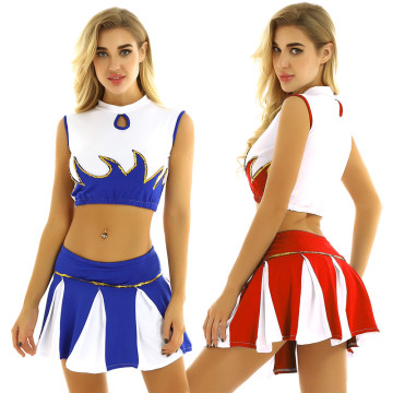 Women Adult Cheerleading Uniform Stage Performance Team Dance Costume Mock Neck Sleeveless Crop Top with Pleated Skirt Outfit