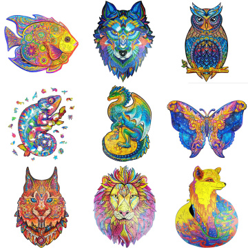 2021 New Wooden Puzzle Diy Animal Jigsaw Puzzles Fox Butterfly Owl Wolf Puzzles For Adult Kids Educational Christmas Gifts