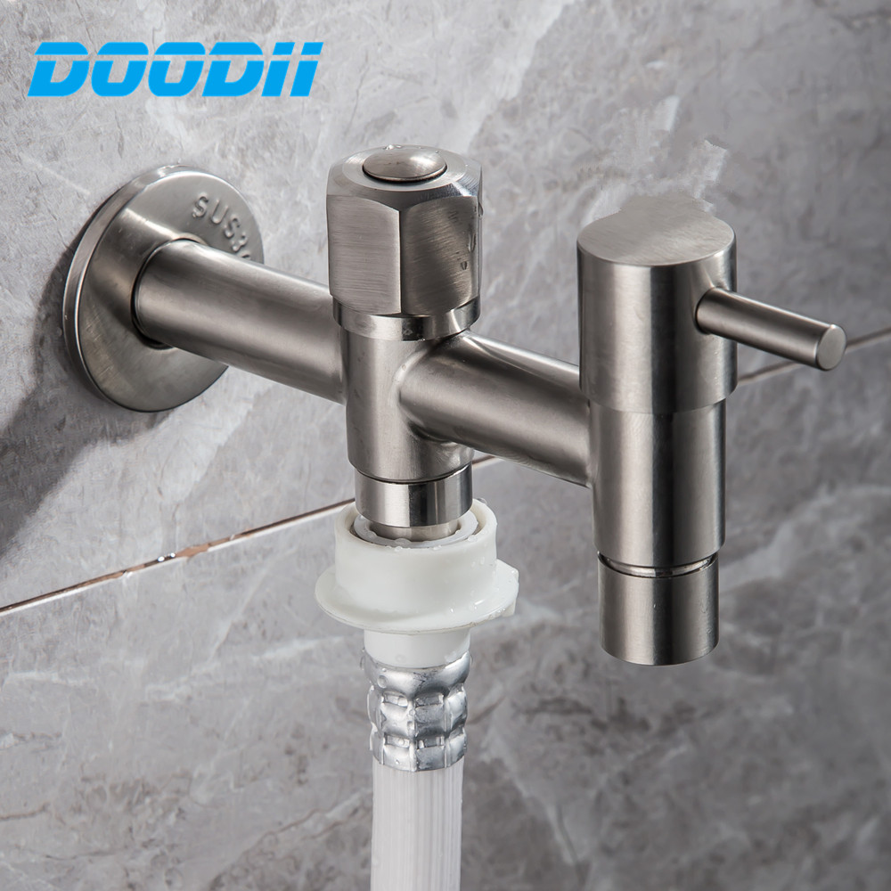 Wall Mount 304 Stainless Steel Double Using Holder Brushed Washing Machine Faucet Mop Pool Tap Practical Small Water Bibcock