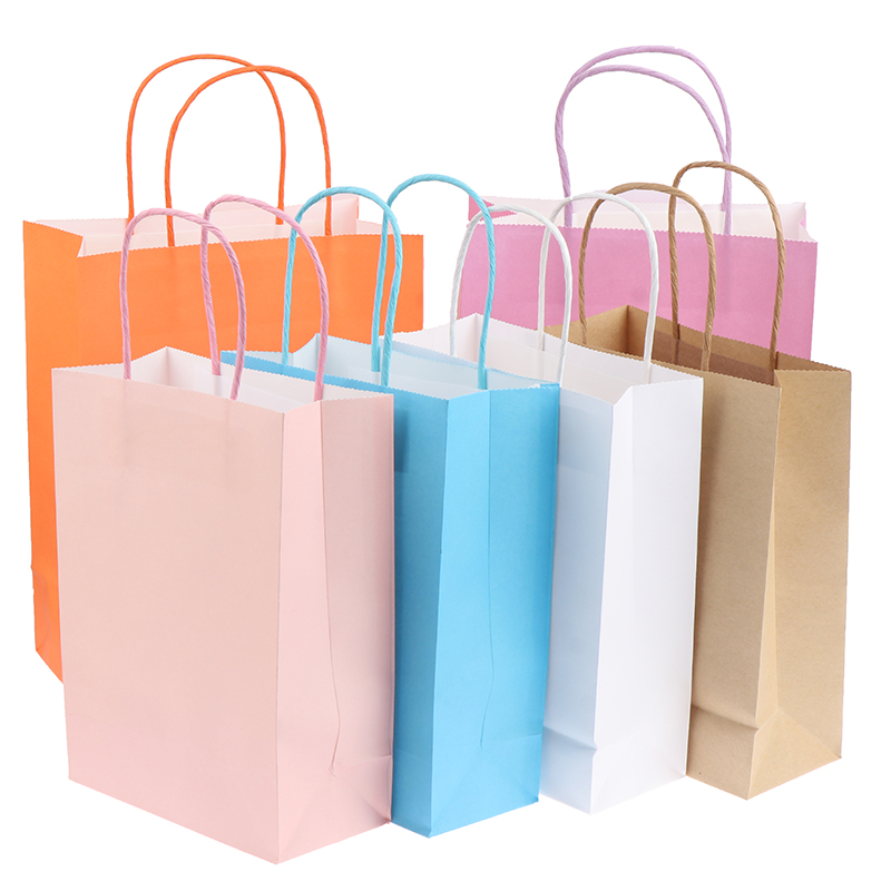 1Pc Solid Color Gift Paper Bag With Handle Festival Gift Bags Baby Birthday Children's Day Party Paper Bags