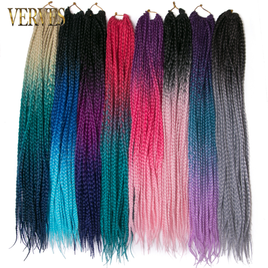 VERVES Crochet braids box braid 24 inch 22 Roots/pack Ombre Synthetic Braiding Hair extension heat resistant Fiber,grey,brown