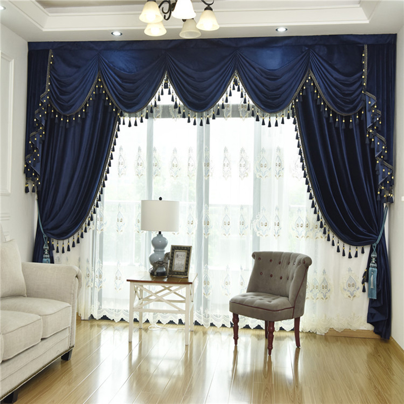 2019 New Mazarine Dutch Velvet Curtains Screen Hotel Fabric Window Valance European Curtain for Living Room Bedroom Customized
