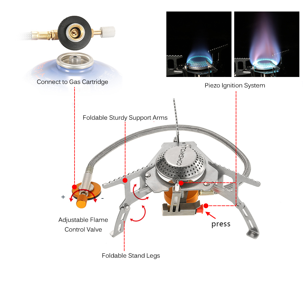 TOMSHOO Outdoor Camping Gas Stove + 9-Plate Windscreen Windshield + Gas Cartridge Stove Adapter Cooking Burners Cookware Set