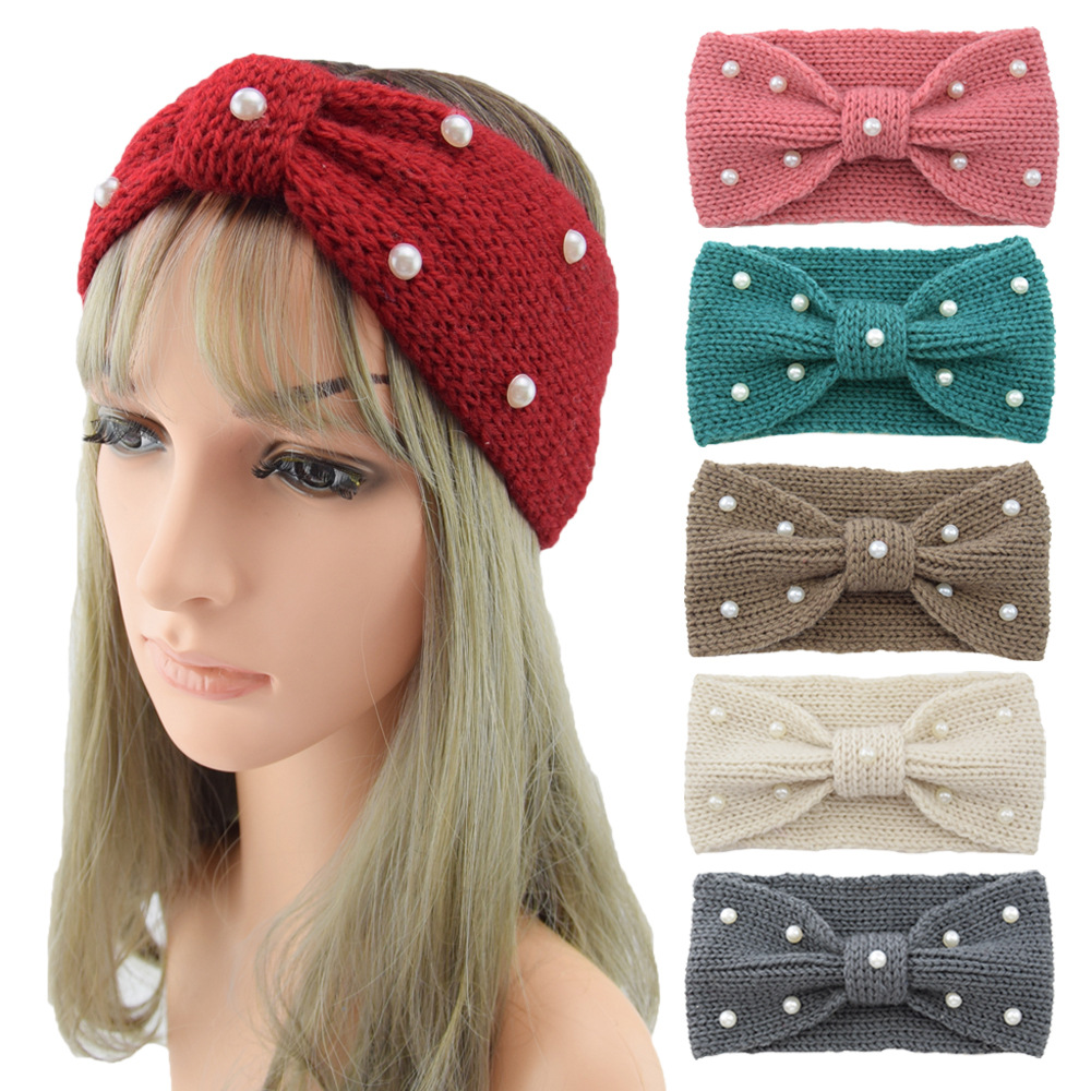 Winter knit warm women headbands solid color ladies handmade bow turban headwear sports hair ribbons with pearl hair accessories