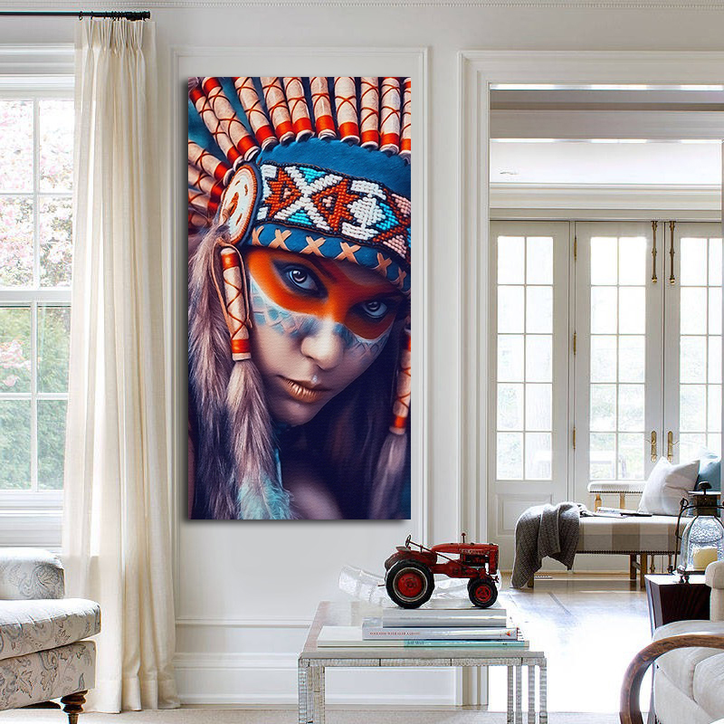 Modern Oil Painting Indian Girl with Feathered Portrait Pop Art Canvas Painting Poster Wall Picture for Living Room Home Decor