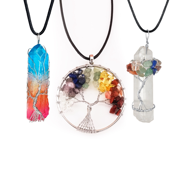 3 pair pendant necklaces tree of life copper wire wound natural quartz aura Healing Crystal Point chakra Jewelry Gift