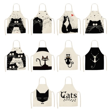Cute Cartoon Cat Print Kitchen Apron Cotton Linen Easy Clean 10 Styles S/L Sizes