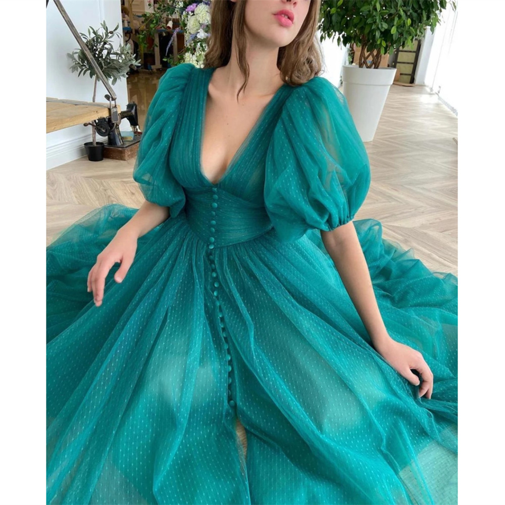 HONGFUYU Teal Green Dotted Tulle Prom Cocktail Dresses Tea Length A-line Evening Gowns Puff Sleeves Buttoned Top robe de soirée