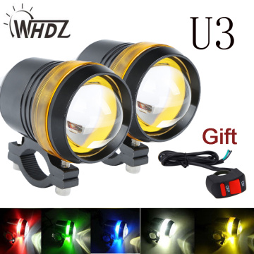 2pc Universal Waterproof Black U3 LED Motorcycle light Motor Headlight Spot Light with blue yellow white red angel eye U3 light