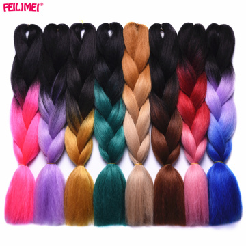 Feilimei Ombre Braiding Hair Extensions 24Inch 100g Synthetic Jumbo Braids Blue/Green/Brown/Blonde/Gray/Pink/Purple Crochet Hair
