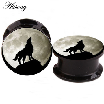 Alisouy 2pcs Night Wolf Animal Acrylic Ear Gauges Plugs Tunnels Stretcheing Expander Screw On Ear Plugs Piercing Body Jewelry