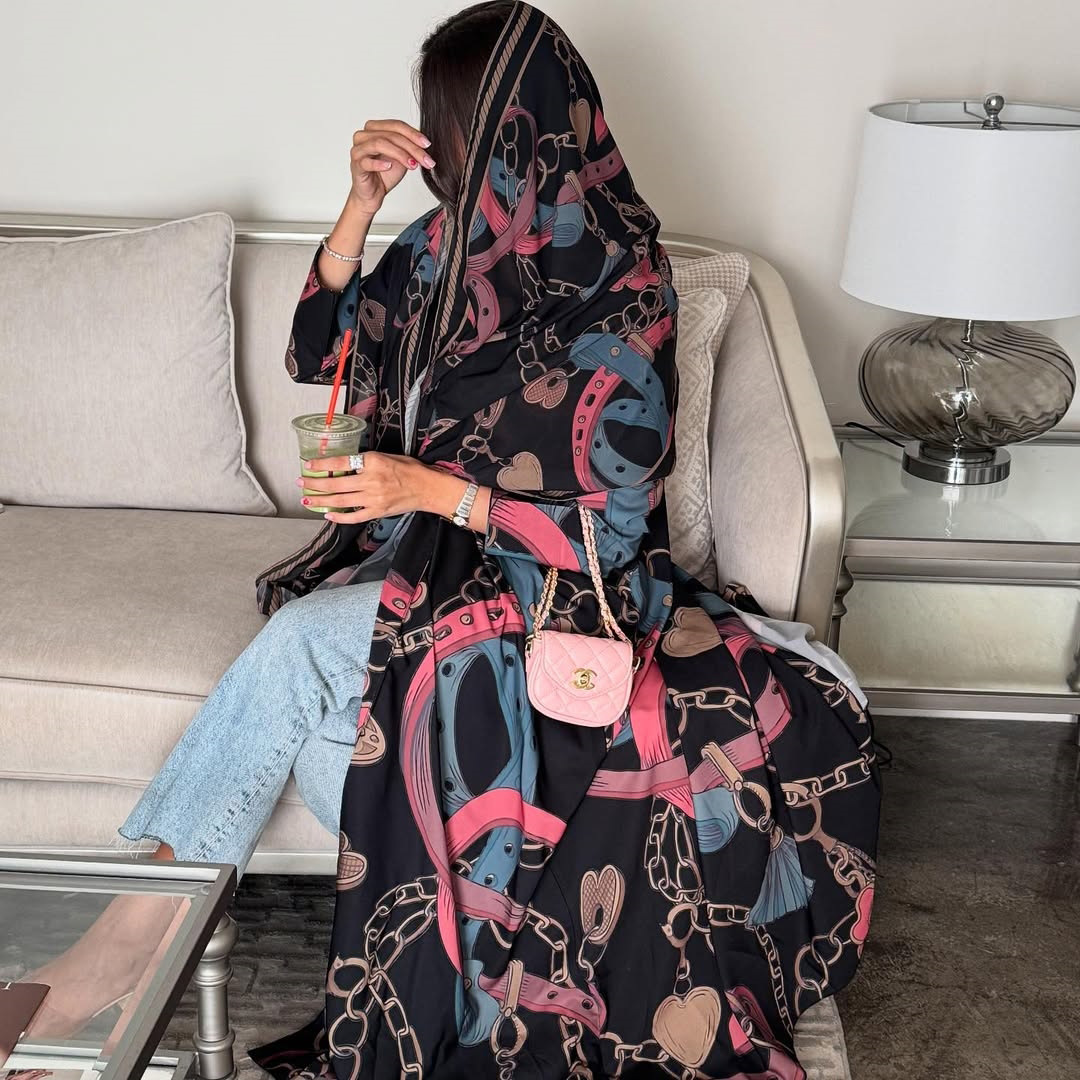 Printed Open Abaya with Matching Hijab