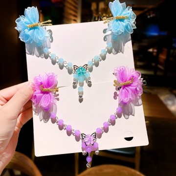 Kids Wedding Headpiece Blue Pink Hanfu Yarn Butterfly Head Chain Tiara Hair Jewelry for Girls Forehead Headband Accessories Gift
