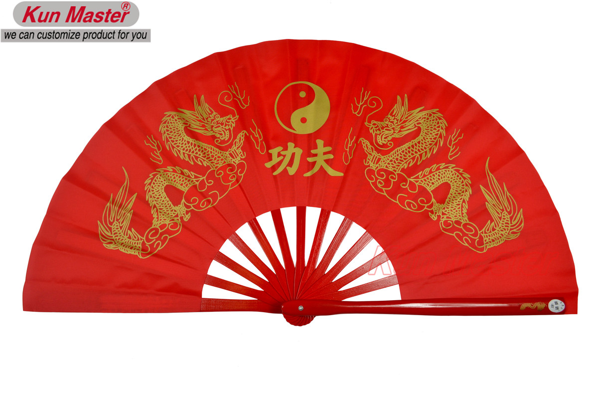 Bamboo Kung Fu Fighting Fan, Martial Arts Practice Performance Fan,Wu Shu Fan, Double Gold Dragon (red)
