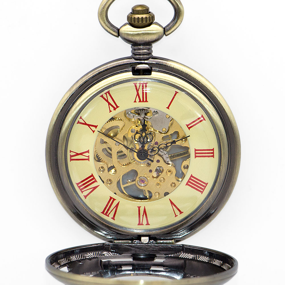 New Bronze Machine Wheel Gear Mechanical Pocket Watches Roman Skeleton Dial Pocket&Fob Watches Best Gift for Men Women PJX1343
