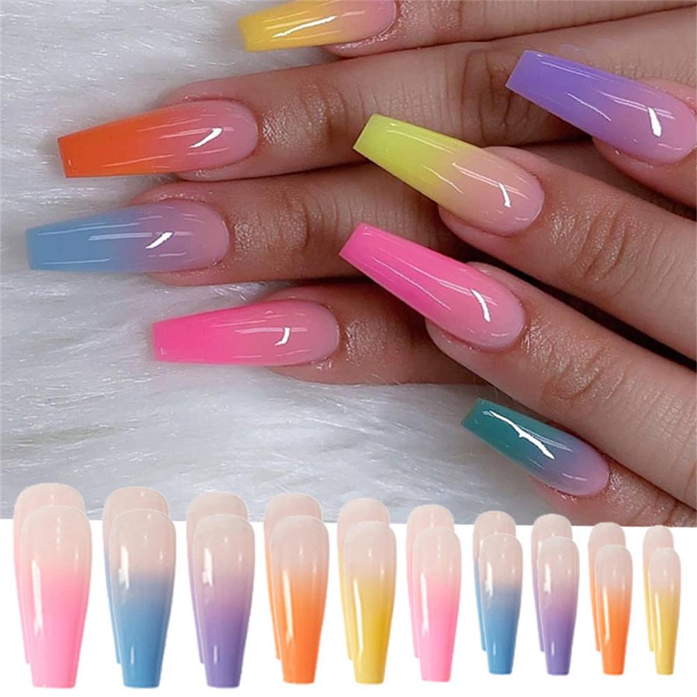 20Pcs/Set Acrylic Long Coffin Fake Nails European Rainbow Ballerina Full Cover Nail Art Tips Color Beauty Artificial False Nails