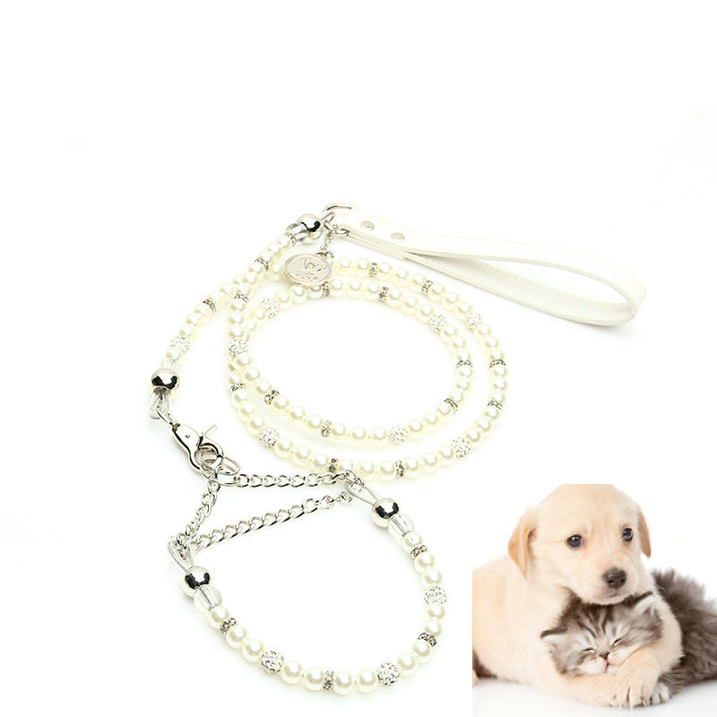Luxury Pearls Pet Collar Leash Set Walking Jogging Outdoor Necklace Beads Collars Rope for Dog Cat Collar Chain
